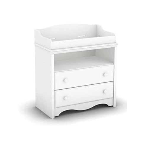 Pemberly Row Baby Changing Table, 39.25 x 35.5 x 19.5 in, Laminated Particle Panels, Pure White Finish, Rounded Safety Contours, 2 Drawers, Open Storage Compartment, Traditional Style
