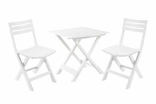 KURIL Conjunto Mesa y 2 Sillas Plegables de Jardín – Set Bistro Exterior para Terraza, Balcón o Piscina – Muebles de Jardín Plegables Resistentes y Compactos