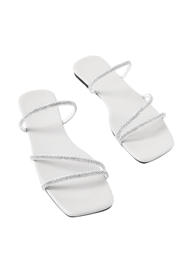 Image of GORGLITTER Women's Rhinestone Wedding Flat Sandals Sparkly Strappy Glitter Dressy Slip on Bling Bridal Prom Cute Slide Shoes