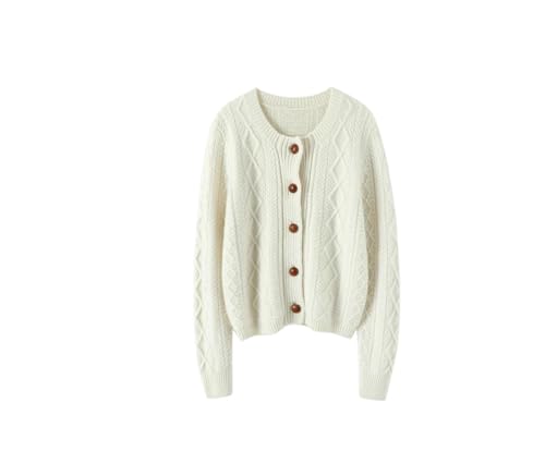 Cárdigan de punto con cuello redondo para mujer, suéter trenzado grueso de hilo grueso sólido, blanco, XL
