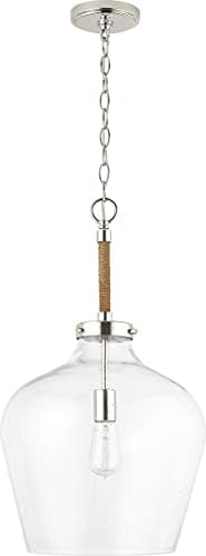 Austin Allen 9F371A Boland Urban/Industrial Clear Seeded Glass Pendant Light Fixture with Handwoven Jute Rope Detail, 1-Light 100 Watt, 25" H x 14" W, Polished Nickel