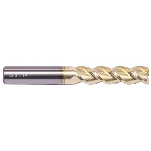 Image of 1 /2 inch 3 Flute Solid Carbide Square End Mill for Aluminum, 4 inch OAL, ZrN Coated | 45 Degree Helix, Long End Mill, 1 /2 inch Cutting Diameter, 1 /2 inch Shank Diameter, 2 inch Length of Cut