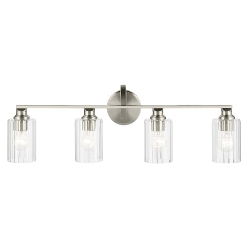 Image of Kichler Gioe 32.25 inch 4-Light Bathroom Vanity Light Fixture with Clear Fluted Glass in Brushed Nickel, Damp Rated for Bathroom, Powder Room, Over Mirror (32.25 inch W x 10.5 inch H), 55227NIFLU