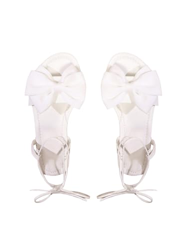 GORGLITTER Women's Bow Lace Up Sandals Strappy Square Toe Tie Up Dressy Trendy Flat Sandals