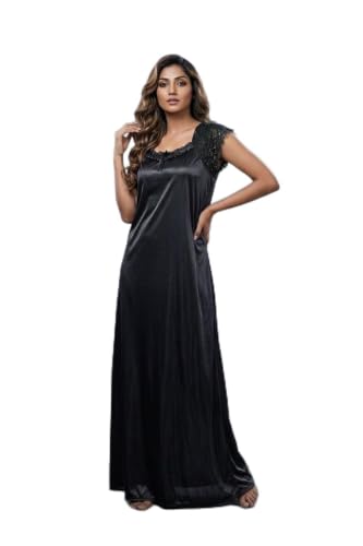 Image of Satin Full Length Nighty for Women, Maroon Maxi Night Gown with Lace Detail, Soft Breathable Fabric, Stylish Night Dress