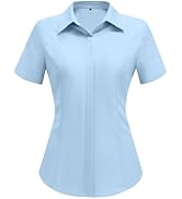 HOTOUCH Women Short Sleeve Button Down Shirts Business Work Fitted Collared Blouse Office Basic 2...