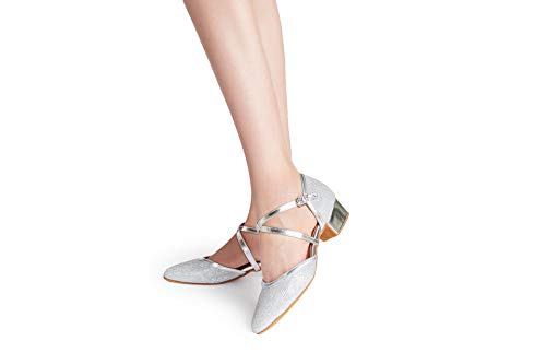 Hxyoo Closed Toe Low Heel Glitter Ballroom Dance Shoes For Women Salsa Latin Wedding Party 1 1/2“ Heel S11-1(Silver-1 1/2",5.5) #TOP5