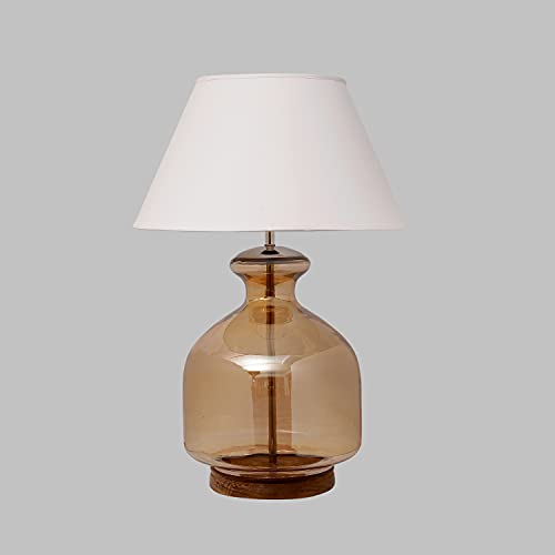 Image of Alper Amber Luster Glass Table Lamp with White Cotton Shade | Modern Designer Bedside & Living Room Decorative Table Light (Bulb Included)
