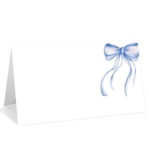 25 Pack Blue Bow Place Cards, Editable Name Cards for Table Setting, Watercolor Tent Cards Food Label for Dinner Party, Bridal Shower, Wedding, Baby Shower and Events -T32