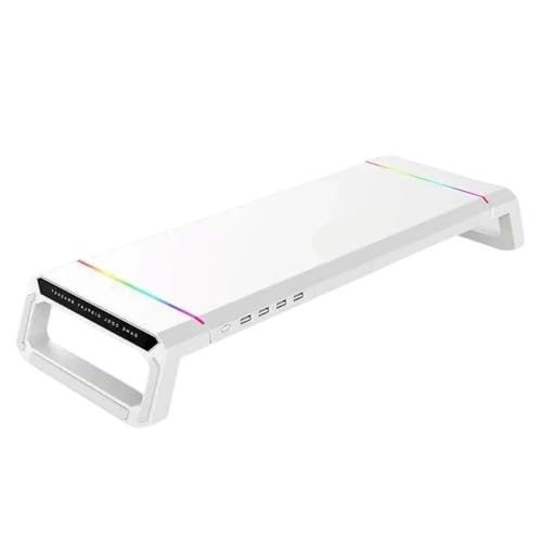 Qcbuegof Monitor de ordenador de pie con concentradores USB luz LED plegable soporte para ordenador con cajones de almacenamiento y soporte para teléfono, concentrador USB para monitores