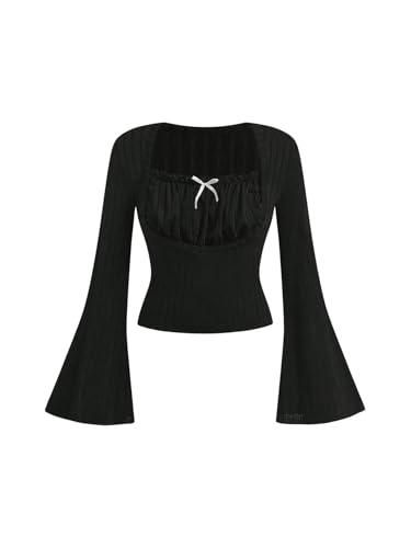 SweatyRocks Girl's Bow Square Neck T Shirt Ruched Bell Long Sleeve Ribbed Y2K Tops