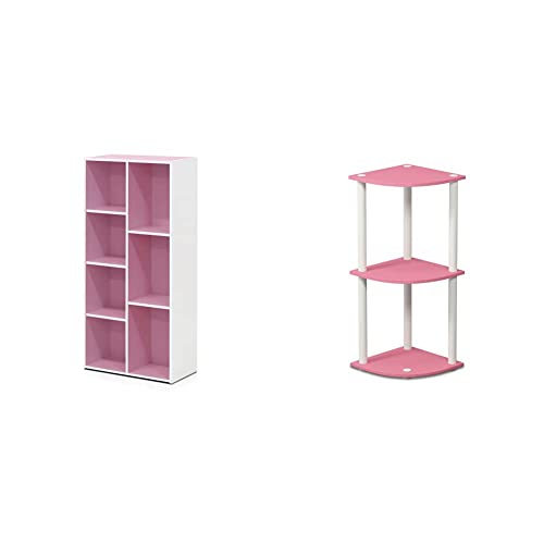 Furinno 7-Cube Reversible Open Shelf, White/Pink 11048Wh/Pi & Turn-N-Tube 3-Tier Reversible Corner Display Rack Multipurpose Shelving Unit, Pink/White #TOP28