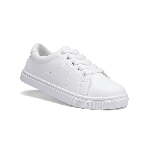 FabKids Unisex Low Top Sneaker - Lace Up - (Toddler Little Kid Big Kid) Faux Leather Elastic Laces Classic White Size 12