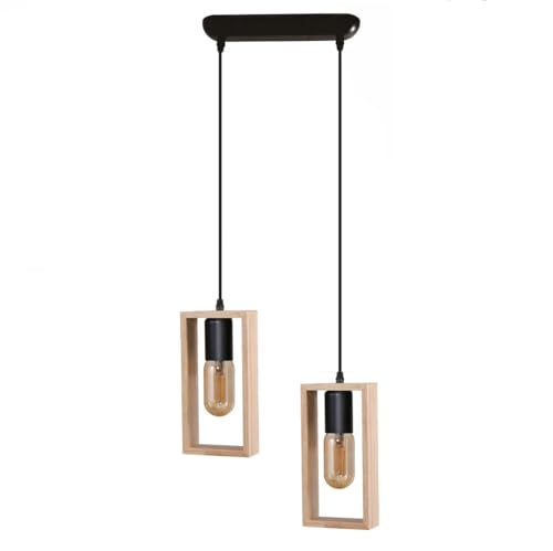 Lámpara de techo colgante de madera 2 luces E27 para comedor cocina sobre encimeras luz de suspensión salón.