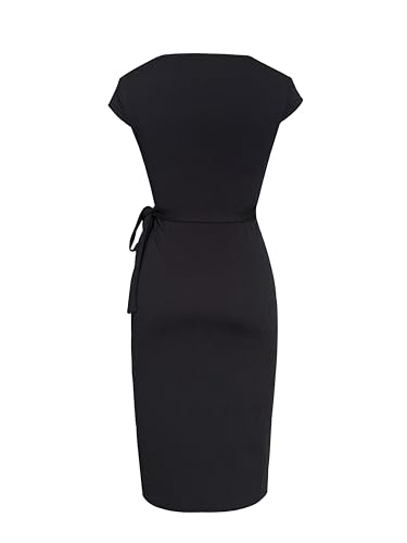 Image of Women's Vintage Cap Sleeves Asymmetrical Neckline Sheath Bodycon Casual Work Cocktail Party Pencil Faux Wrap Dresses