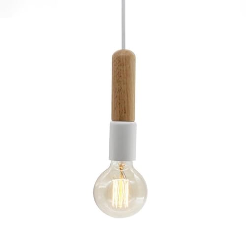HAOZIWEI Kit de lámpara colgante de 1 luz con madera natural, portalámparas E27, rosetón y cable de suspensión en estilo nórdico moderno | Luminarias de suspensión for isla de cocina y comedor(White)