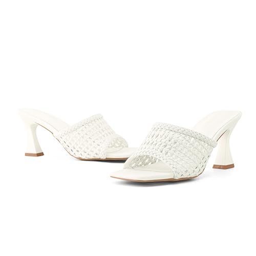 Image of Women's Mule Heels Chunky Kitten Heeled Sandals Mesh Slip On Square Toe Comfortable Casual Dress Pumps Shoes