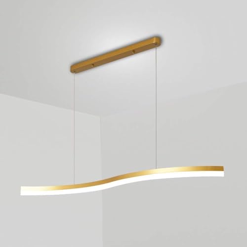 Nowoczesna lampa wisząca LED z aluminium w kolorze złotym - liniowy żyrandol o zmiennej intensywności na wyspie kuchennej, stylowy design vintage, współczesna oprawa metalowa