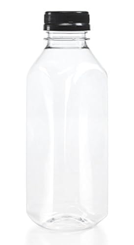VTM (25) 16 oz. Clear Food Grade Plastic Juice Bottles, Square with Black Caps (25/Pack)