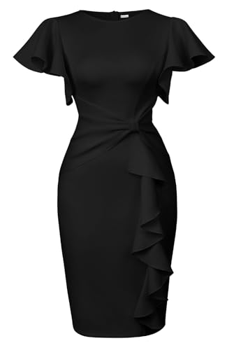 Memoriesea Women's Wear to Work Vintage Ruffle Peplum Cocktail Pencil Knee Midi Dress Black