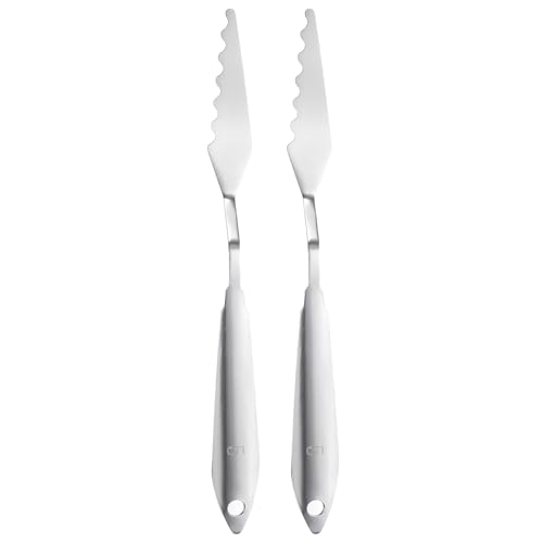 sourcing map 2pcs Palette Knife Painting Tool 8.66 304 Stainless Steel Angled Serrated Spatula Painting Pallet Knives with Hole Design for Acrylic Canvas, Silver