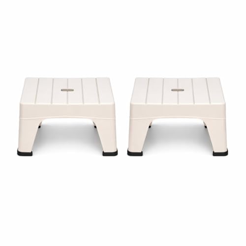 Image of PulGos Pack of 2 Beige Plastic Mini Sitting Stool for Home & Outdoor Use | Compact, Lightweight & Durable Stool for Adults & Kids | Use as Footrest, Side Table, Extra Seating for Living Room