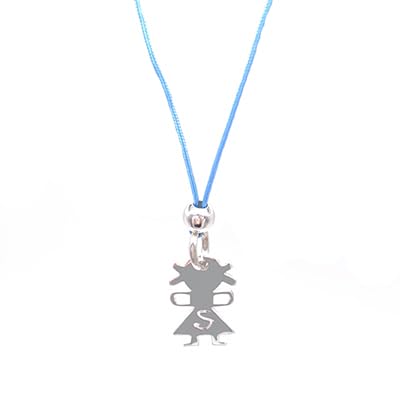 ibamboli - Collana in Corda Azzurro e Ciondolo a Forma di Bimba in Argento Personalizzabile con Iniziale