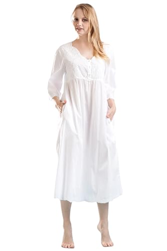 LA CERA Women's Nightgown, 100% Cotton, White Floral Embroidery, Button Front, Three-Button Placket, Side Pockets