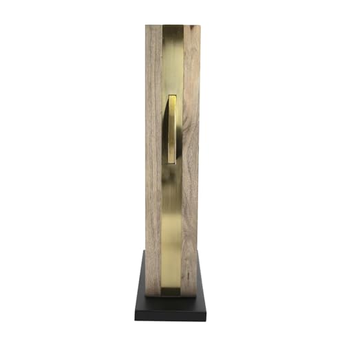 Image of Howard Elliott Collection Skoda Round Tabletop Mirror with Stand, Vanity Makeup Mirror with Brushed Brass Stainless Steel Frame and Mango Wood Base, Modern Accent Decor Mirror, Brass, 28.5 x 18 Inch