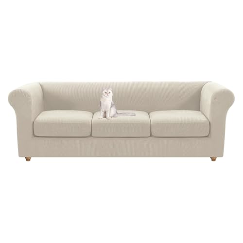 HonunGron Housse De Canapé Chesterfield Extensible avec Housse Coussin Canapé, Jacquard Housse Canape 1 2 3 Place, Protection Canapé Antidérapante pour Courbe Canapé Fauteuil (Ivoire,3 Places)