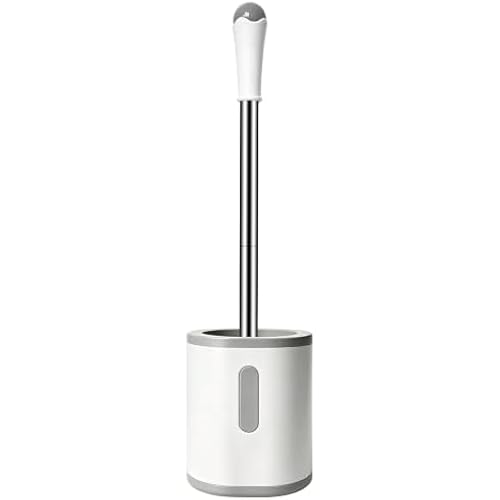 AONEZ Compact Toilet Brush & Holder, Stainless Steel Handle, Space Saving for Storage, Deep Cleaning, Drip-Proof, Easy to Assemble, Nylon Bristles, White & Grey