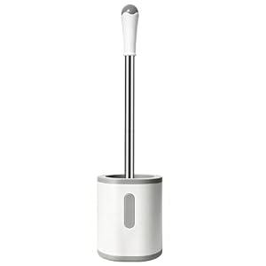 AONEZ Compact Toilet Brush & Holder, Stainless Steel Handle, Space Saving for Storage, Deep Cleaning, Drip-Proof, Easy to Assemble, Nylon Bristles, White & Grey
