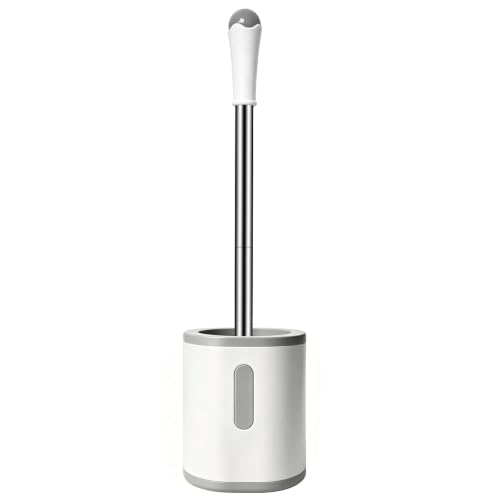 AONEZ Compact Toilet Brush & Holder, Stainless Steel Handle, Space Saving for Storage, Deep Cleaning, Drip-Proof, Easy to Assemble, Nylon Bristles, White & Grey