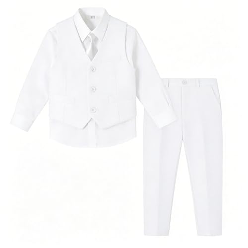 Image of Baby Boy Formal Suit for Toddler Infant Tuxedo Dress Suits | Little Gentleman, Wedding Ring Bearer Outfit, Vest Pants Long-Sleeve Shirt Tie, Birthday Party Christmas Prom, Classic
