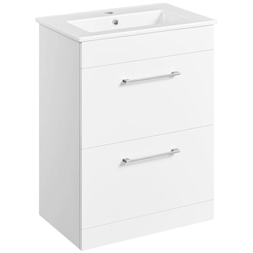 Yaheetech Mobile a Terra con Lavabo in Ceramica Mobile Bagno con 2 Cassetti Salvaspazio Armadietto da Bagno 60 cm Bianco