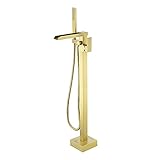 SHAMANDA Luxury Freestanding Bathtub Faucet Single Handle Waterfall Tub Filler with Handheld Shower Brushed Gold, Floor Mounted, FL701-3