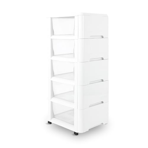 Novelinks Plastic Drawers Storage Organizer with Caster Wheels, Storage Cabinet with 5 Drawers Dresser Organizers and Storage for Living Room, Bedroom, Dormitory, Classroom,Office,White