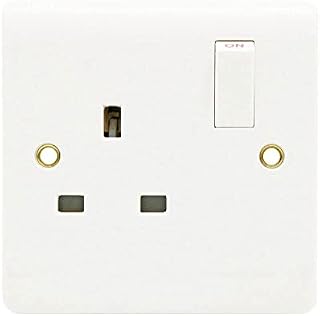 13A 1 Gang Double Pole Switch Socket - White Square Round Edge Electric Switched Socket - Double Pole Electrical Outlet with Concealing Screw Fixings Caps