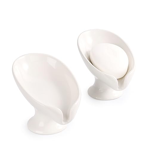 Soap Dish Set, Self Draining Bar Soap Holder for Bathroom Sink, Leaf Shaped Drainage Soap Dish Ceramic White Porcelain Decorative Soap Dishes 2PCS, ANTIS'S HOME 2pcs-white