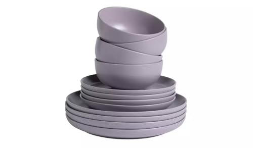 Image of Matte Glaze 12 Piece Stoneware Dinner Set Lilac Tableware Set for 4, Modern Scandi Style Plates & Bowls, Dishwasher & Microwave Safe