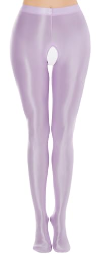 Image of FEOYA Women's Open Crotch Oil Shiny Pantyhose High Waist Control Top Silky Oily Crotchless Footed Tights Stockings