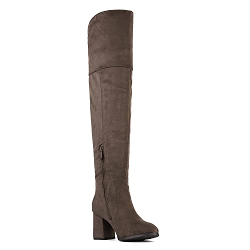 DREAM PAIRS Women's Thigh High Block Heel Over The Knee Boots,Size 10,Khaki,Stretch_HIGH