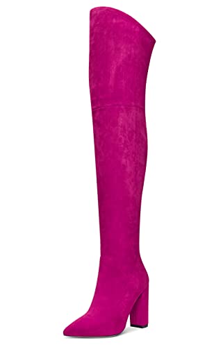 Aachcol Mujer Sobre la Rodilla Botas Chunky Ancho Alto High Heel Puntiaguada Punta Cremallera 10 CM Magenta Rojo Ante 38 EU