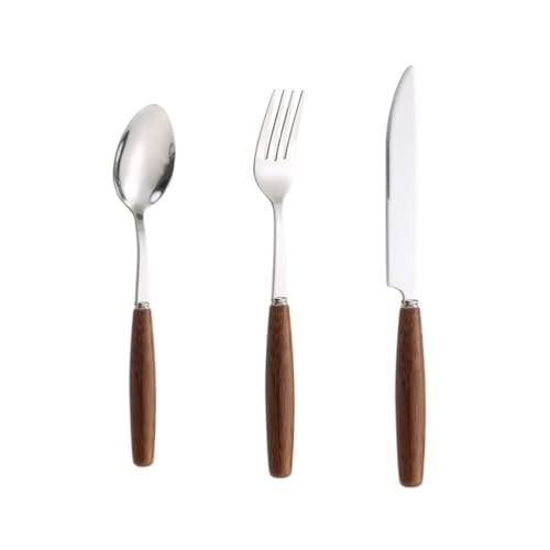 CAFIEDR Beautiful Stainless steel cutlery set with wooden handle silver knife fork and spoon kitchen flatware set coffee spoon fruit fork Practical(Knives Forks Spoons)