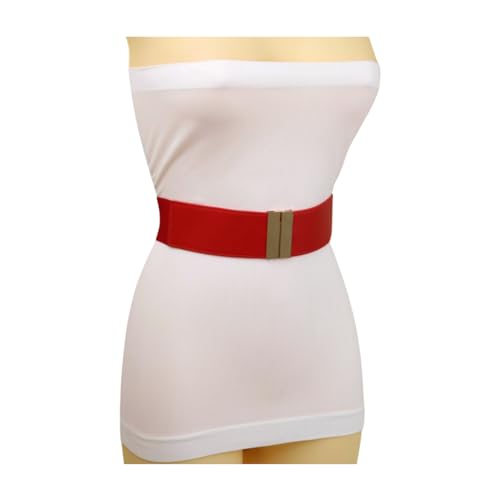 Women Fashion Wide Elastic Belt High Waist Hip Gold Metal Buckle S M Red z0064
