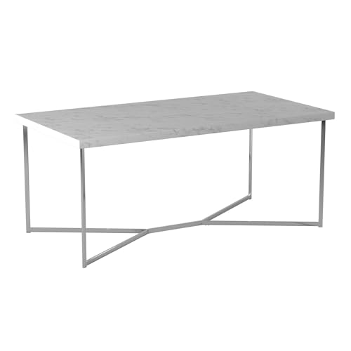 Walker Edison Mid Century Modern Marble Gold Rectangle Coffee Table Living Room Accent Ottoman Storage Shelf, 42 Inch, Marble and Silver