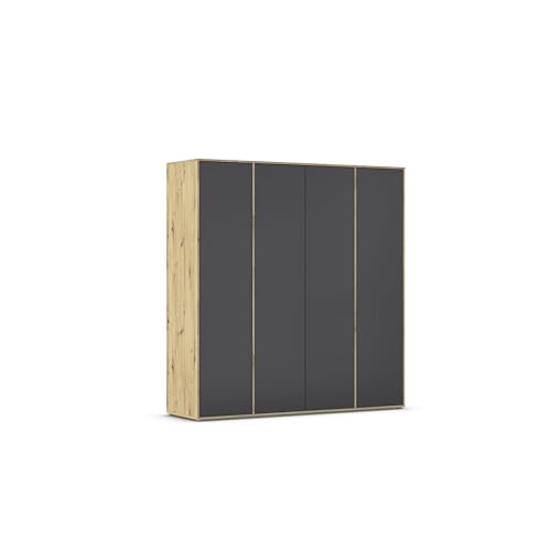 Rauch Möbel Nabila Kleiderschrank für Schlafzimmer, Kinderzimmer, Jugendzimmer, Flur, 4-türig, Push-to-Open, mit Zubehör Premium, Farbe Grau metallic, Schwarz/Eiche Artisan, Holz, Breite 187 cm