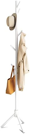 JOISCOPE Coat Rack, Wooden Coat Stand, Free Standing Hall Coat Tree with 4 Height Options, Non-slip Pads and 8 Hooks for Coats, Hats, Bags, Umbrellas, for Home, Office, Hallway, White