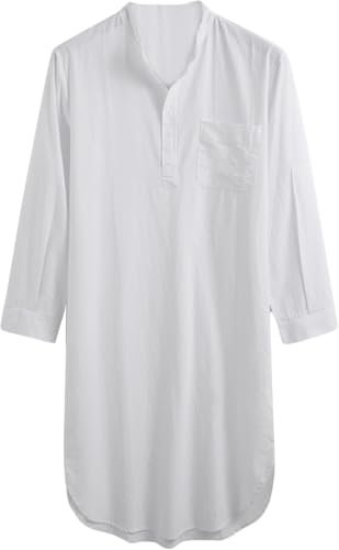 Maiyifu-GJ Mens Cotton Nightshirts V Neck Long Sleeve Button Down Nightgowns Summer Mid-Length Henley Sleepwear Sleepshirt