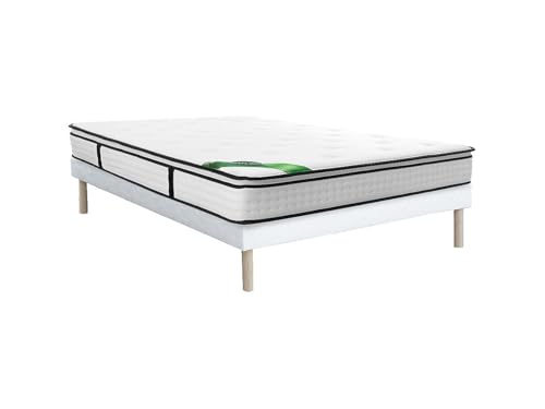 Vente-unique-Conjunto 160 x 200 cm somier tapizado + colchón de muelles ensacados 7 Zonas, sobrecolchón Integrado y Tejido de bambú 23cm de Grosor - TAREVO de NATUREA